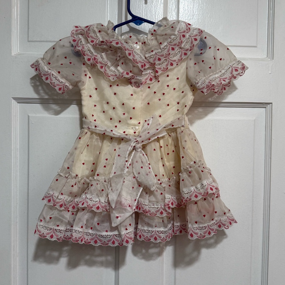 Vintage 3T Ruffle Hearts Girls Dress 1980s 1990s Lace Red Cream Layers - Picture 2 of 3